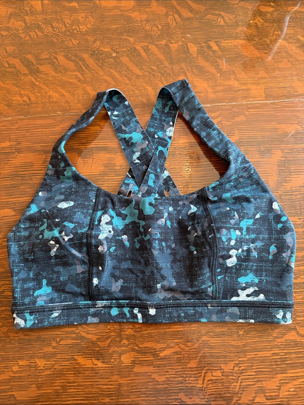 Sweaty Betty Black and Teal Patterned Crossback Sports Bra size medium